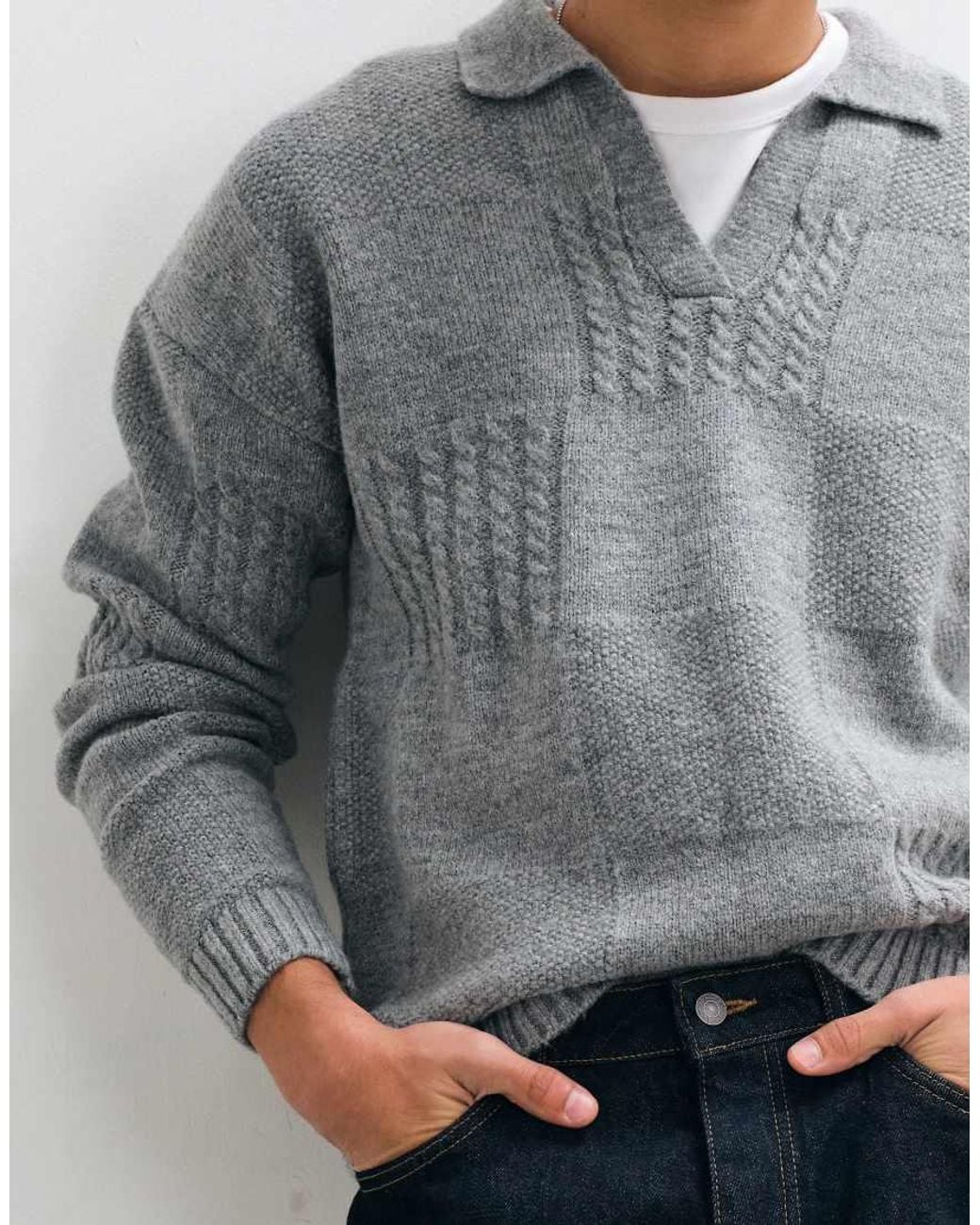 ASOS Gray Relaxed Knitted Notch Neck With Check Detail for men