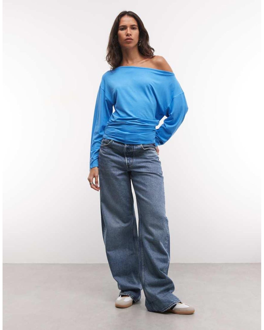 Collusion Blue Long Sleeve Drapey Off-Shoulder Top