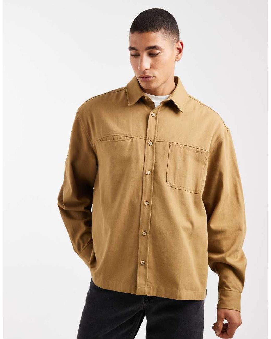 ASOS Natural Oversized Twill Shirt With Pockets for men