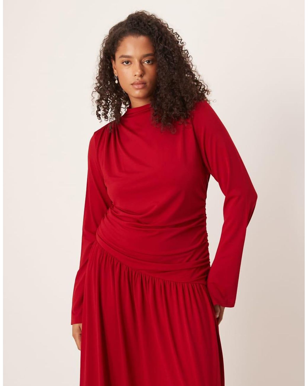 Pretty Lavish Curve Slinky High Neck Asymmetric Drop Waist Draped Maxi Dress  in Red | Lyst UK