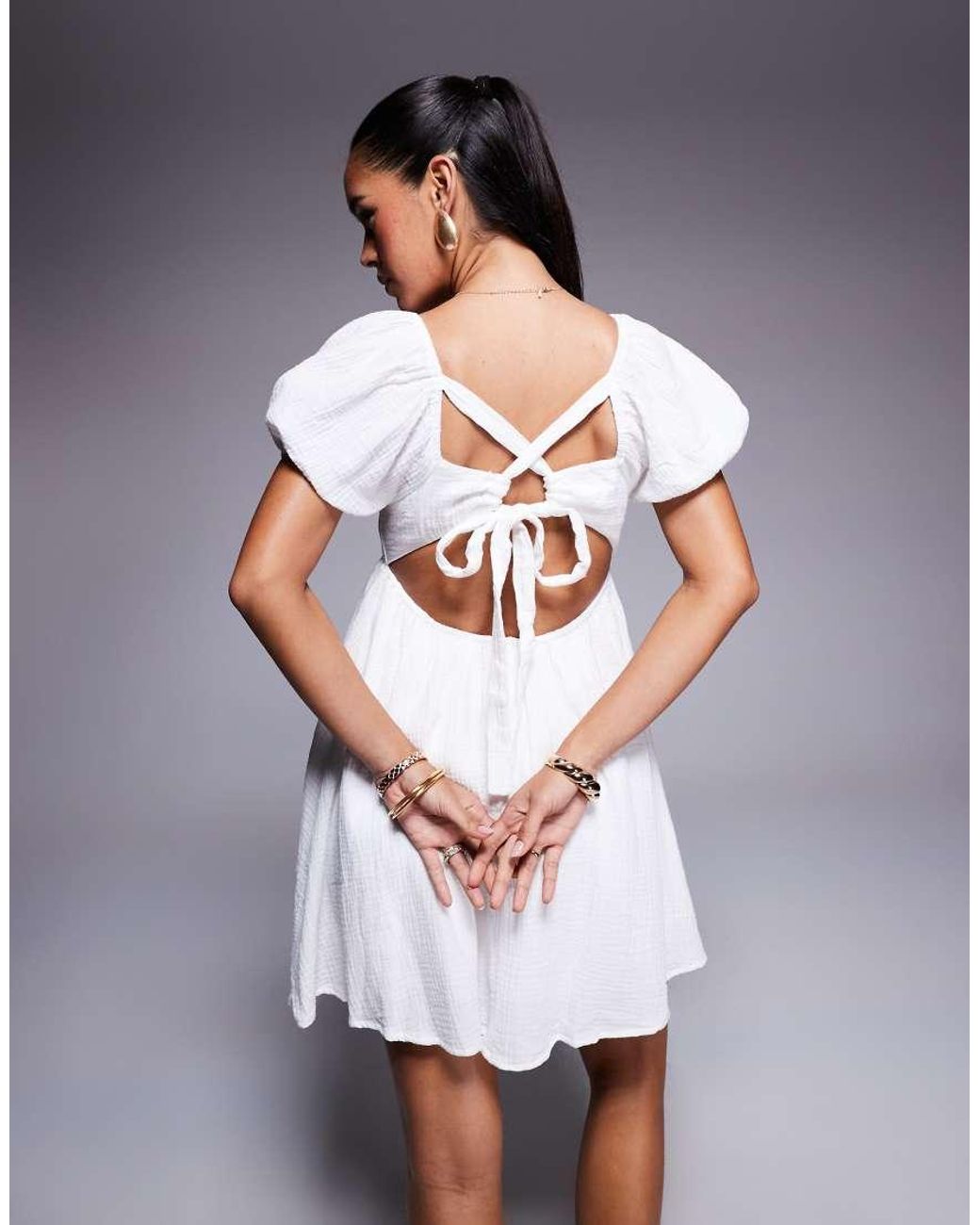 Princess Polly White Let's Dance Cheesecloth Puff Sleeve Open Tie Back Mini Smock Dress