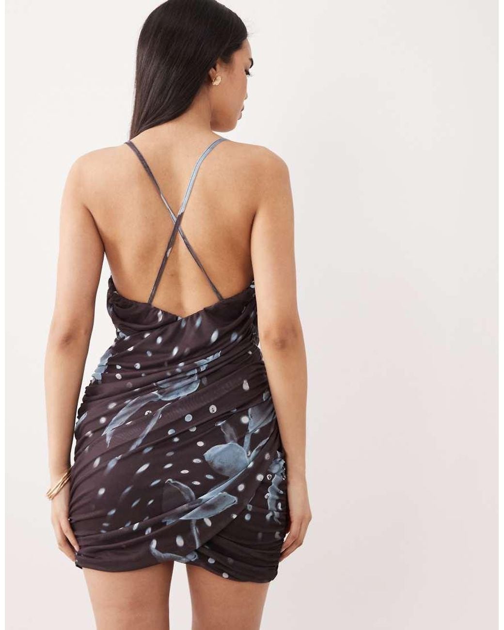 ASOS Pink Printed Mesh Cross Front Draped Mini Dress