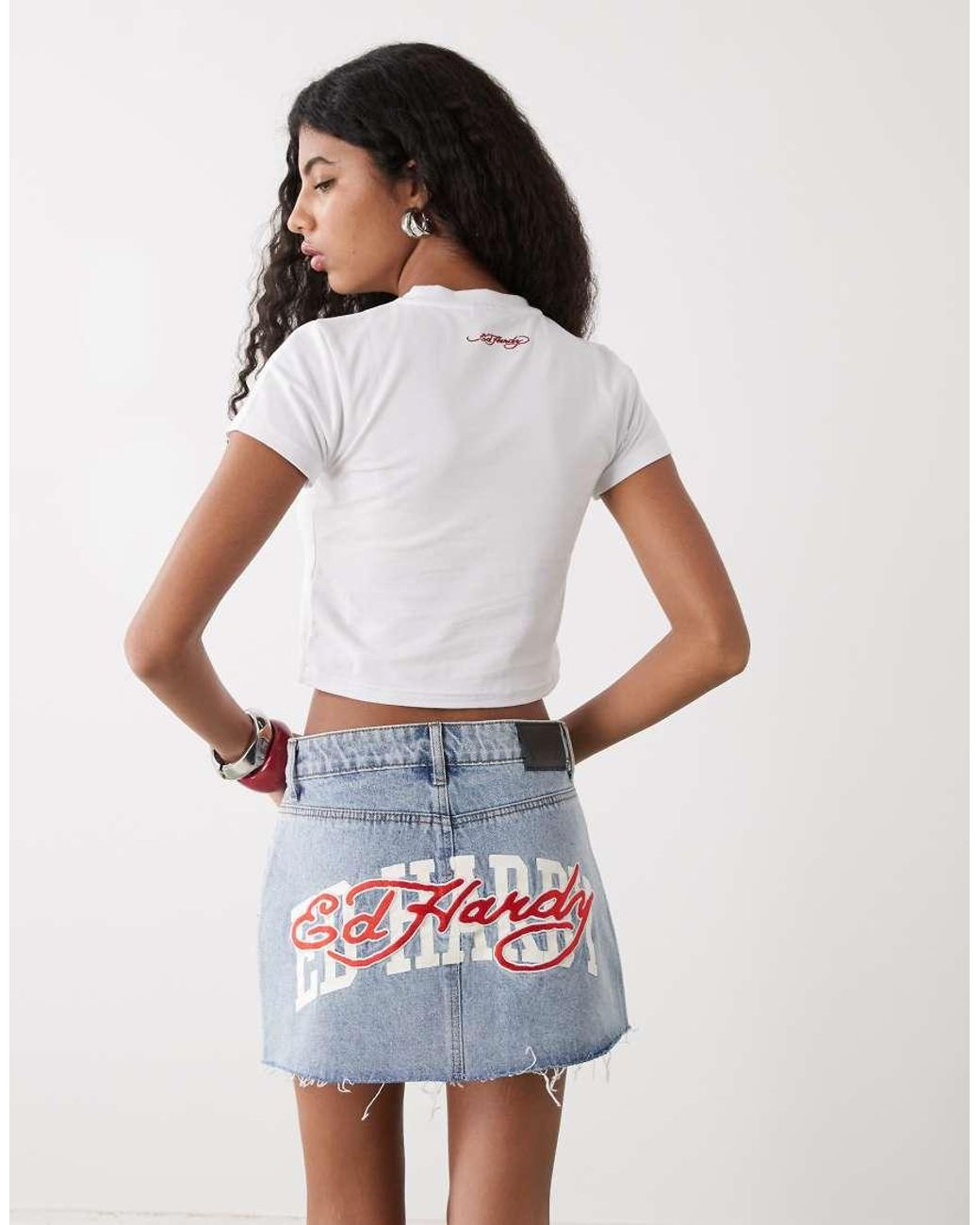 Ed Hardy White Multi Badge Tattoo Denim Mini Skirt