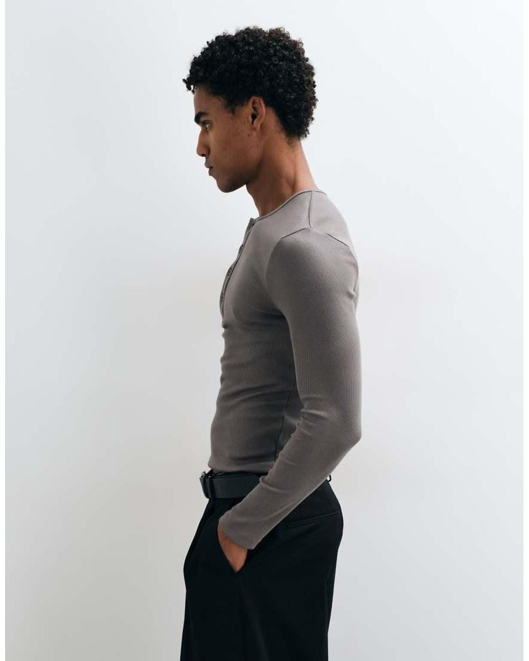 Collusion Gray Long Sleeve Fitted Henley T-shirt for men