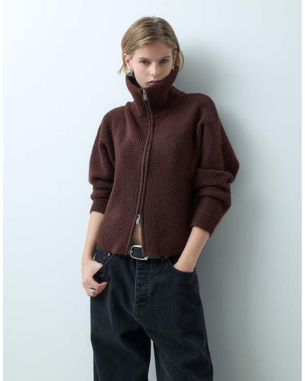Miss Selfridge Brown Chunky Rib Knit Zip Batwing Cardigan