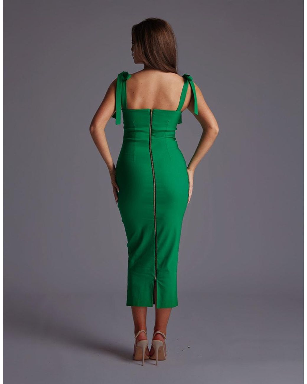 Vesper Green Bow Tie Strap Bodycon Midaxi Dress