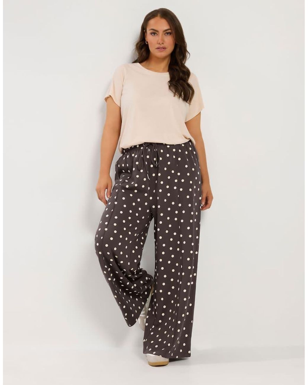Yours Clothing Brown Polka Dot Wide Leg Joggers