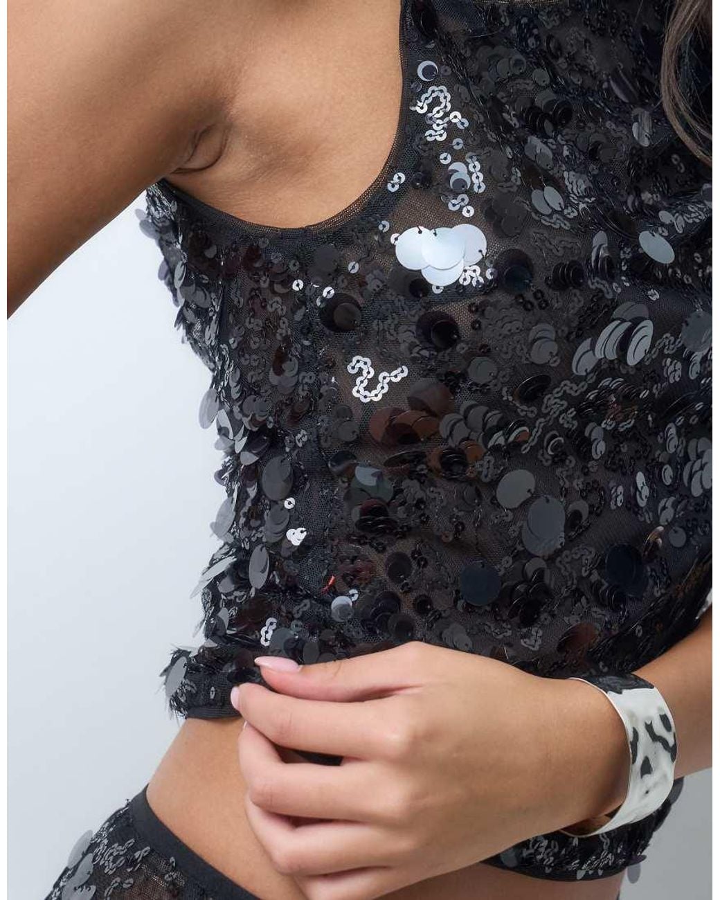 ASOS Black Co-Ord Sequin Asymmetric Cami With Gathered Shoulder