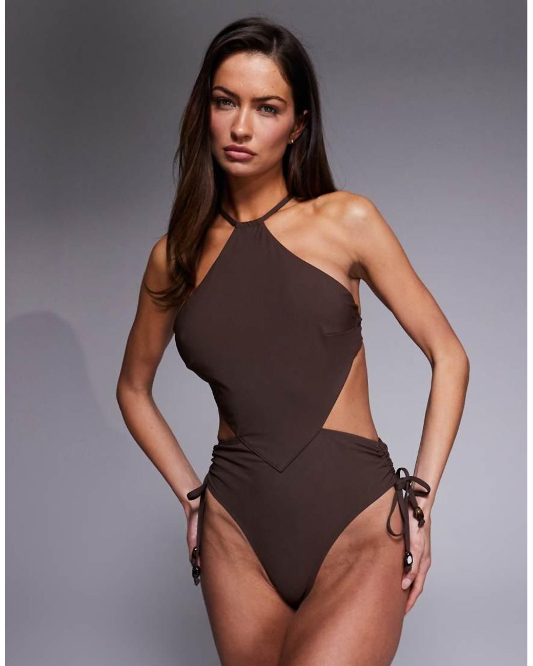 ASOS Brown Hema Paper Touch Scarf Halter Neck Swimsuit