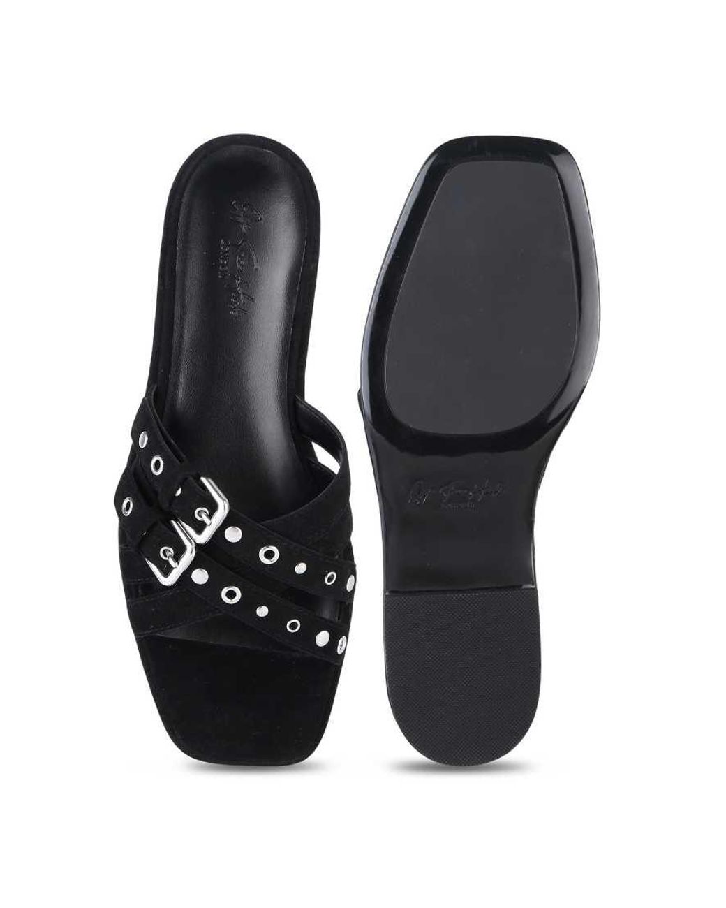 OFF THE HOOK Black Isla Suede Leather Eyelet Strappy Flat Sandals