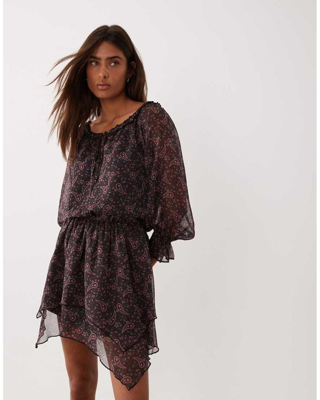 Miss Selfridge Brown Chiffon Bardot Mini Dress