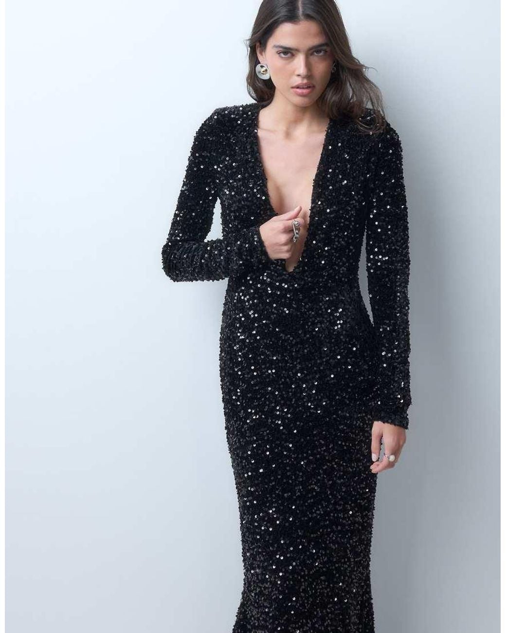 ASOS Blue Plunge Velvet Sequin Maxi Dress With Shoulder Pads