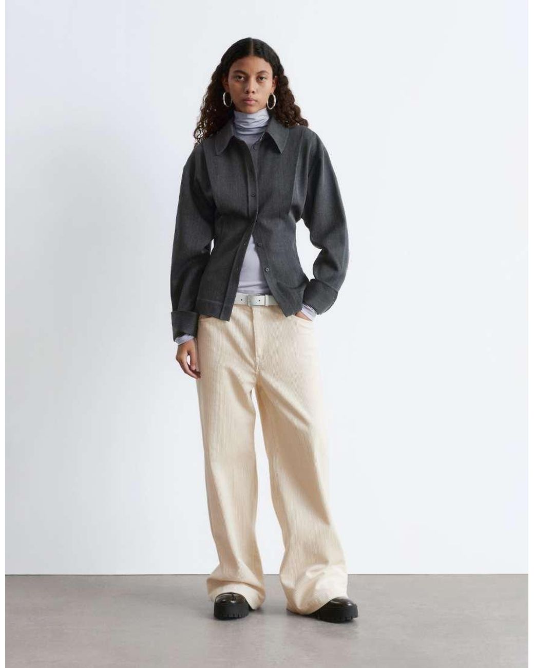 & Other Stories Black Pure Wool Bold Shoulder Shacket With Cinched Waist