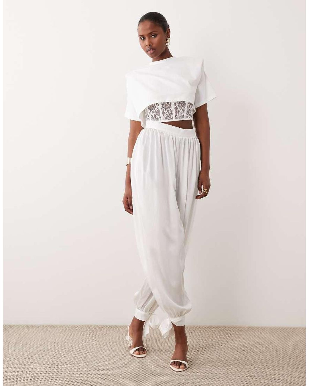 Noughts & Kisses White Padded Shoulder Lace Corset Waist Detail Top Co-Ord