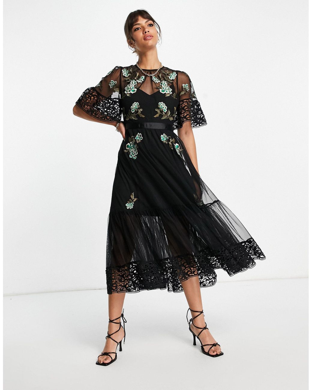 French connection ambre top floral embroidered mesh dress