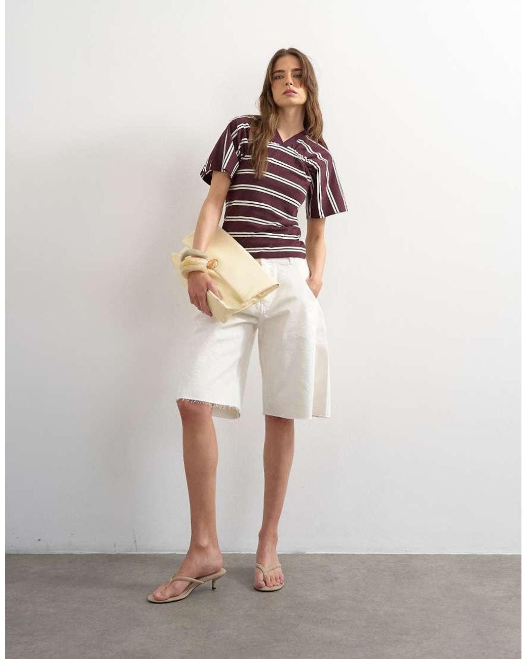 TOPSHOP Red Gather Yoke Seam Short Sleeve Top Burgundy Stripe
