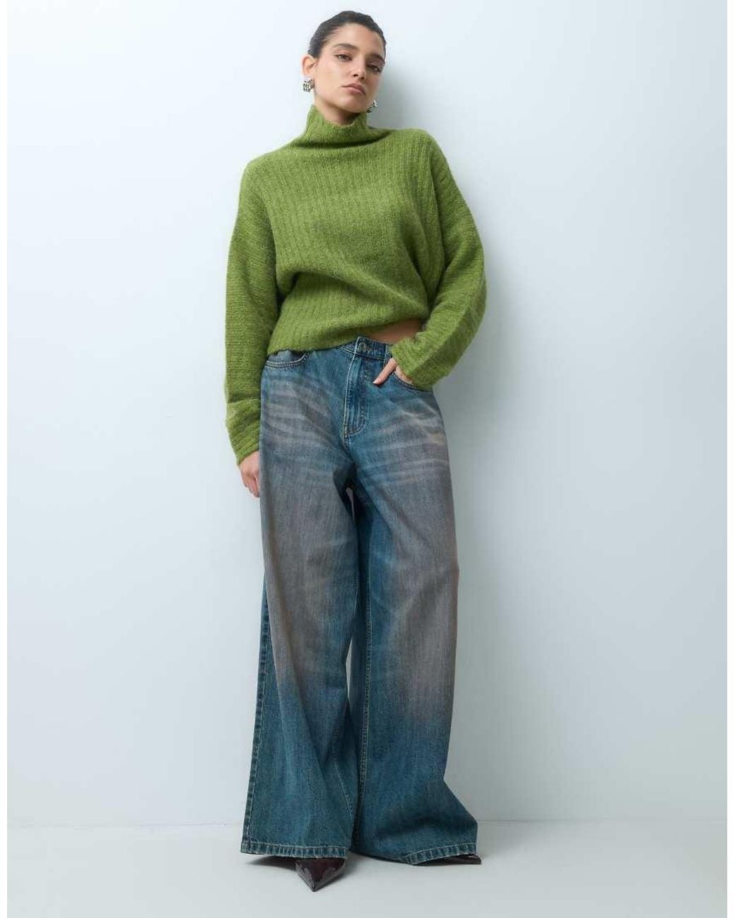 Gina Tricot Green Knitted Wool Blend Turtleneck Sweater