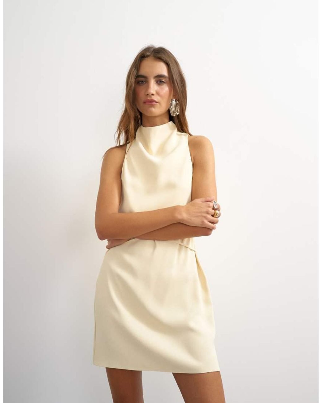 TOPSHOP White Heavy Crepe High Cowl Neck Mini Dress With Tie Waist