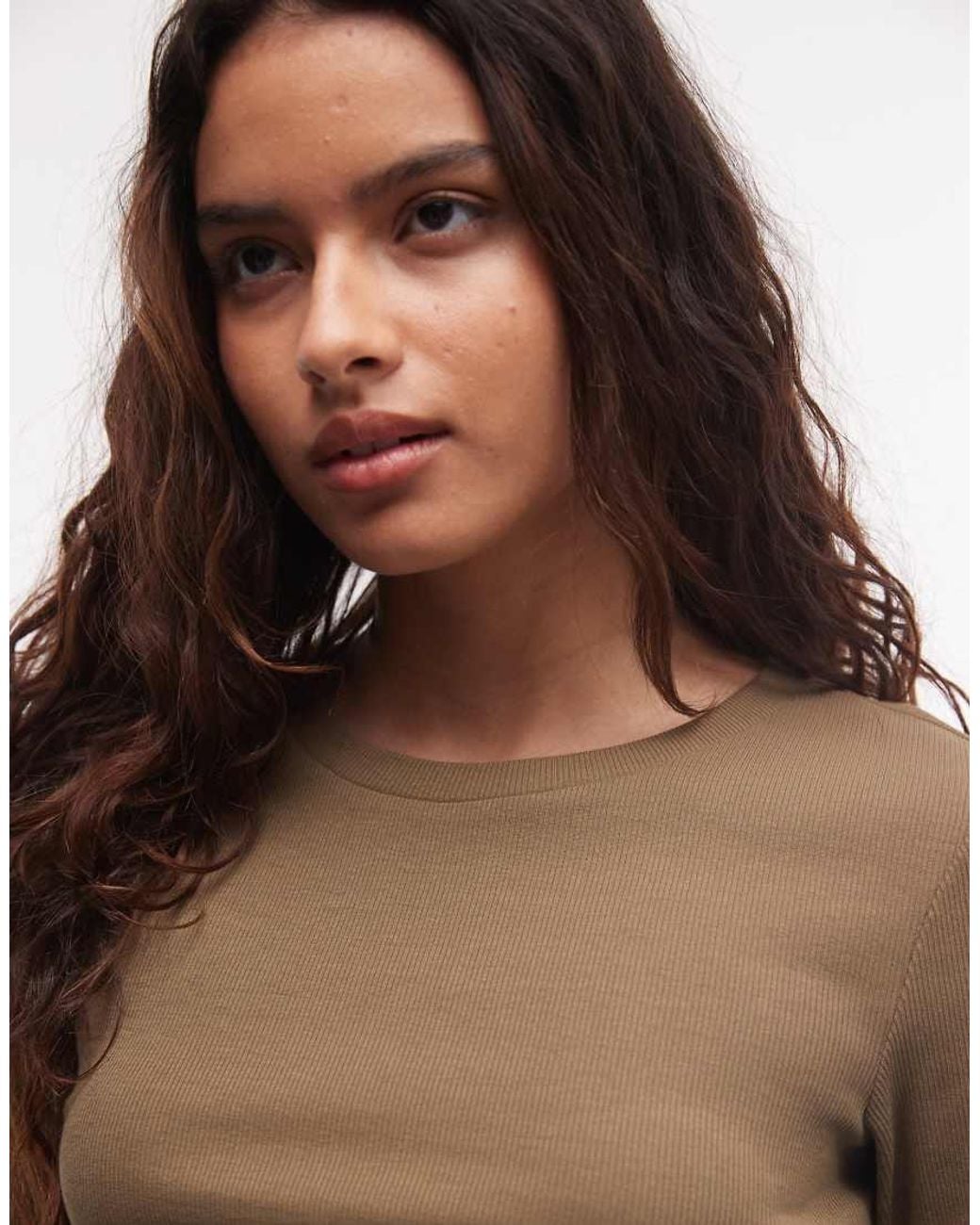 Monki Brown Ribbed Long Sleeve Top