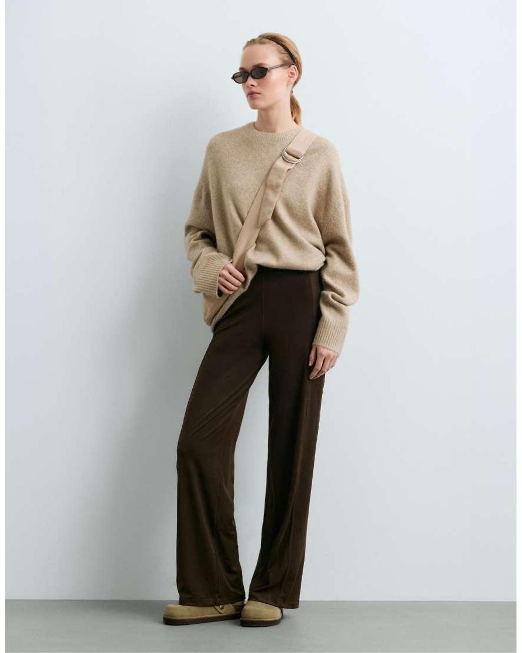 Oysho Brown Suede-Effect Straight-Leg Trousers