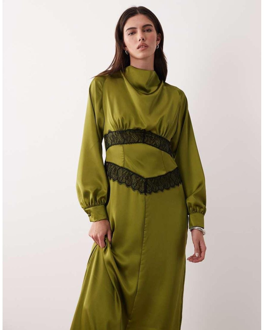 ASOS Green Satin High Neck Lace Detail Maxi Dress