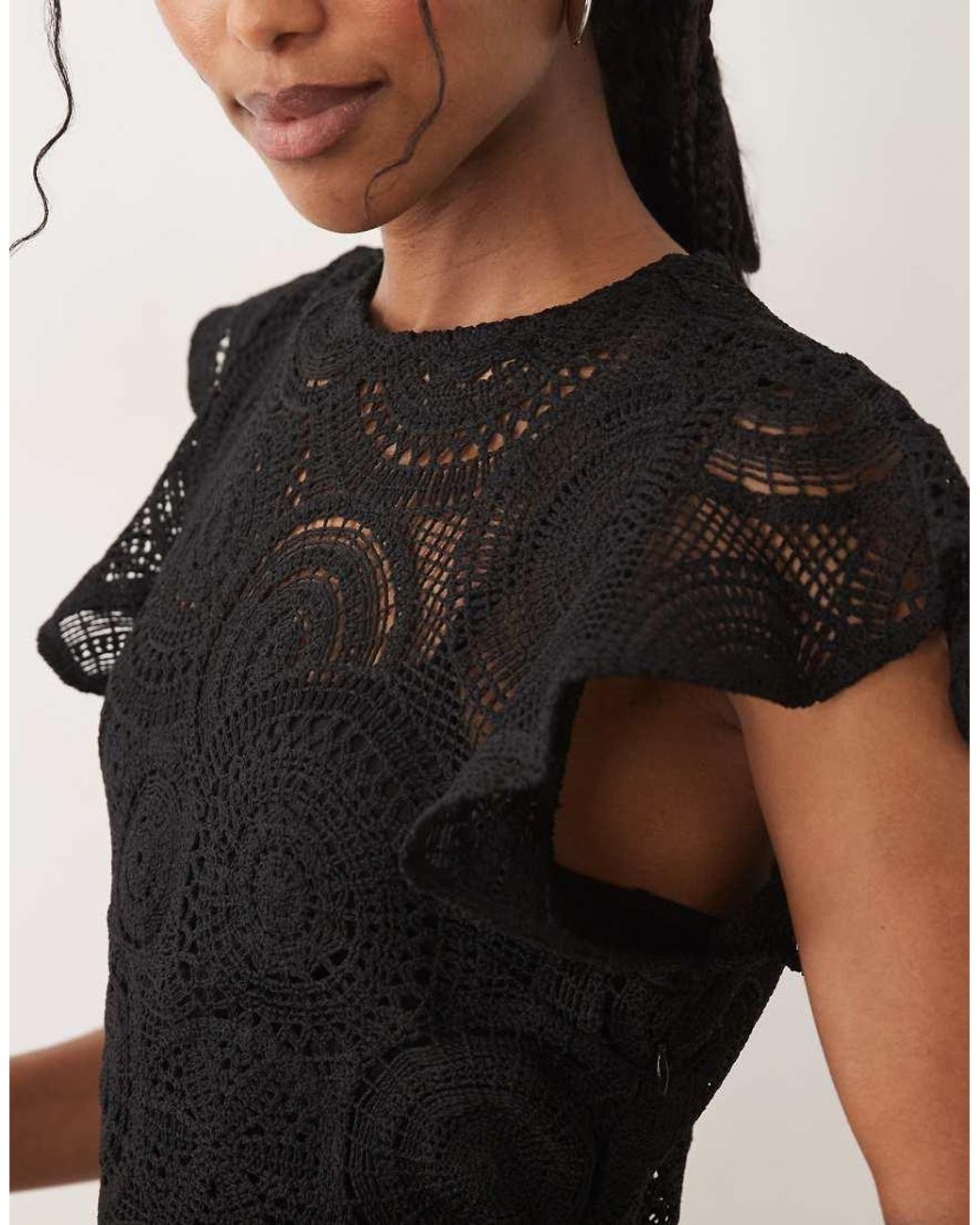 ASOS Black Crochet Flutter Sleeve Mini Dress