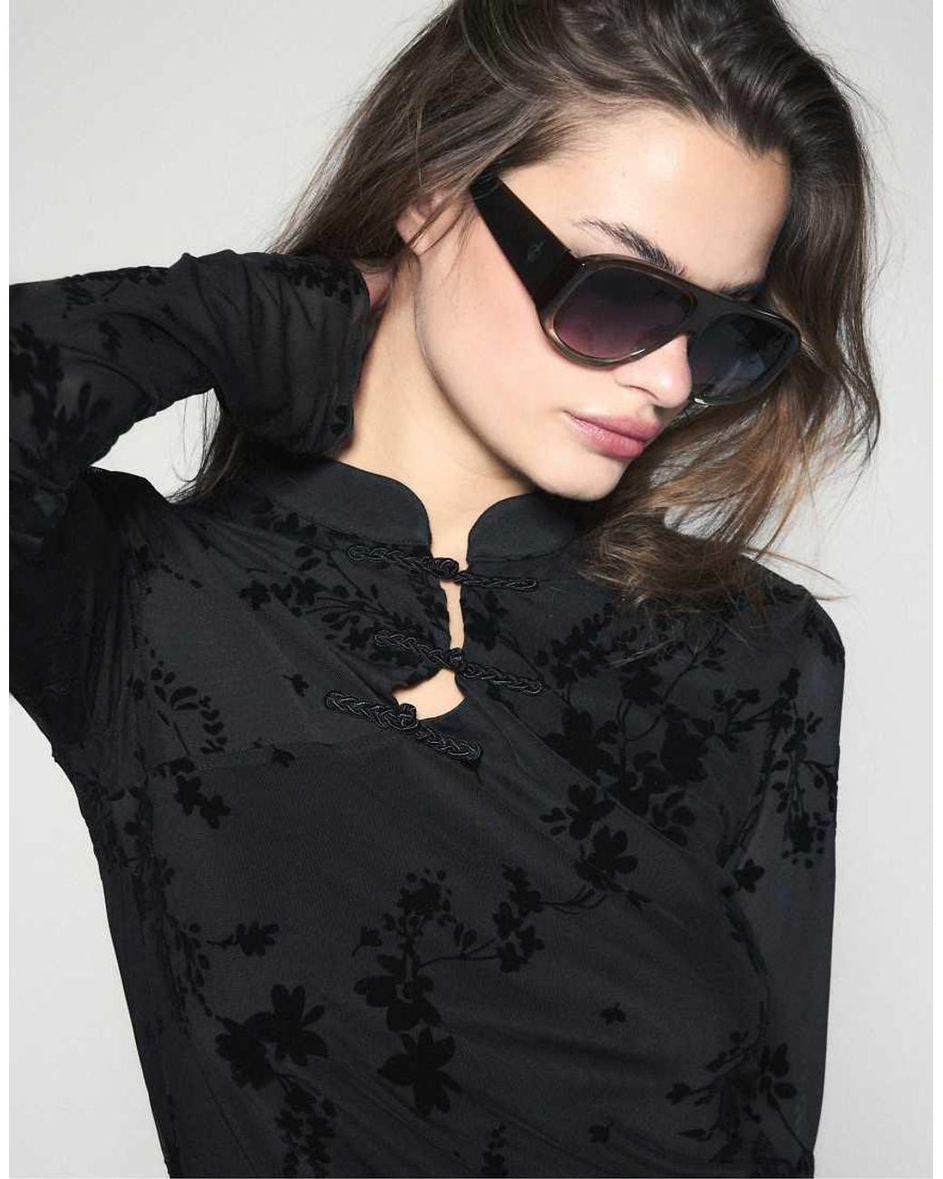 Stradivarius Black Flocculated Long Sleeve toggle Top
