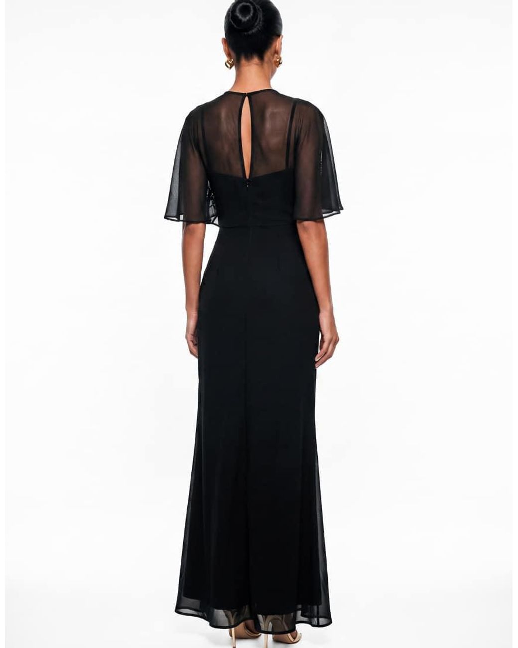 Maya Black Floral Embellished Cape Sleeve Maxi Dress