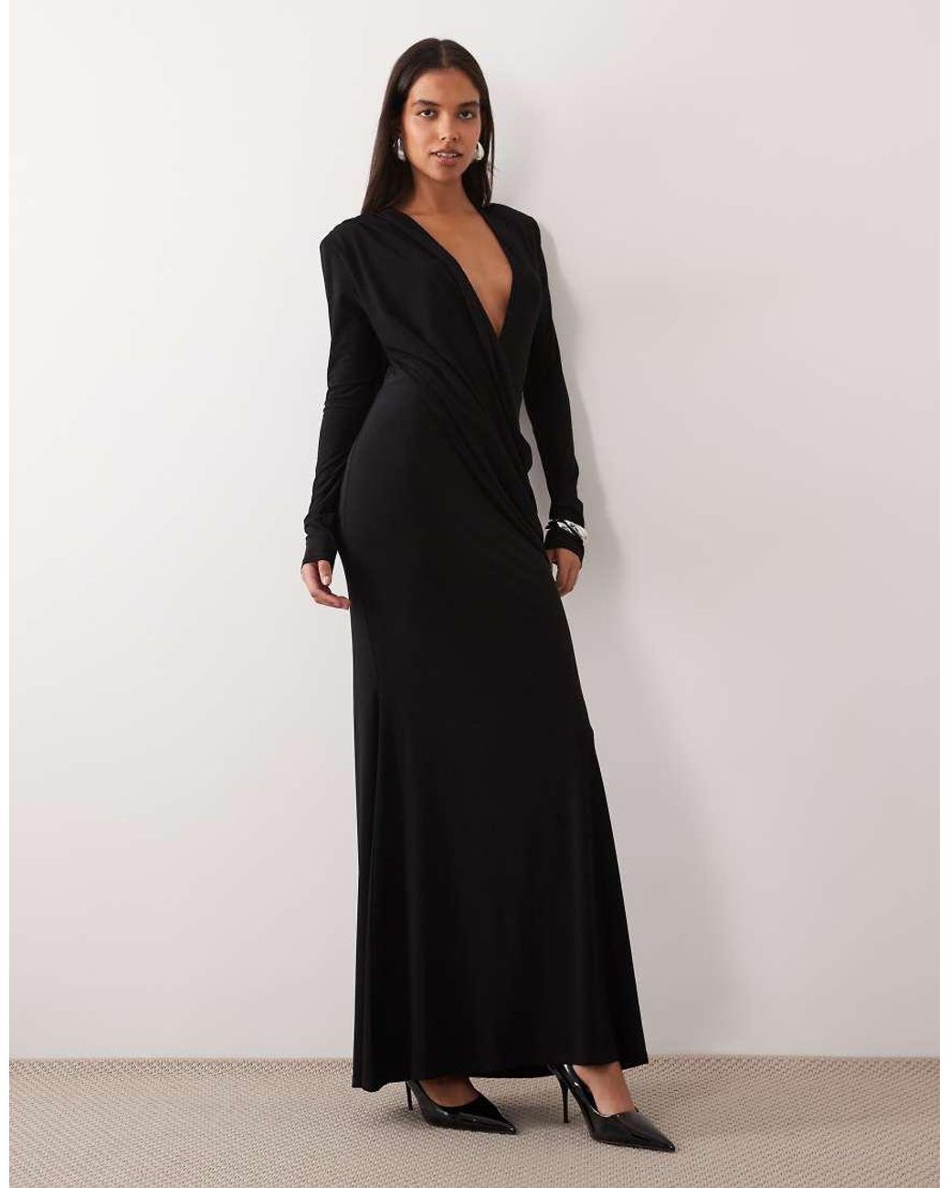 ASOS Black Shoulder Pad Slinky Maxi Dress With Sweeping Drape Detail