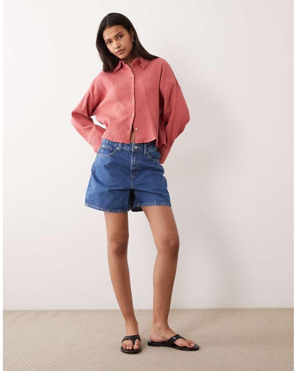 ASOS Pink Cropped Textured Cotton Shirt