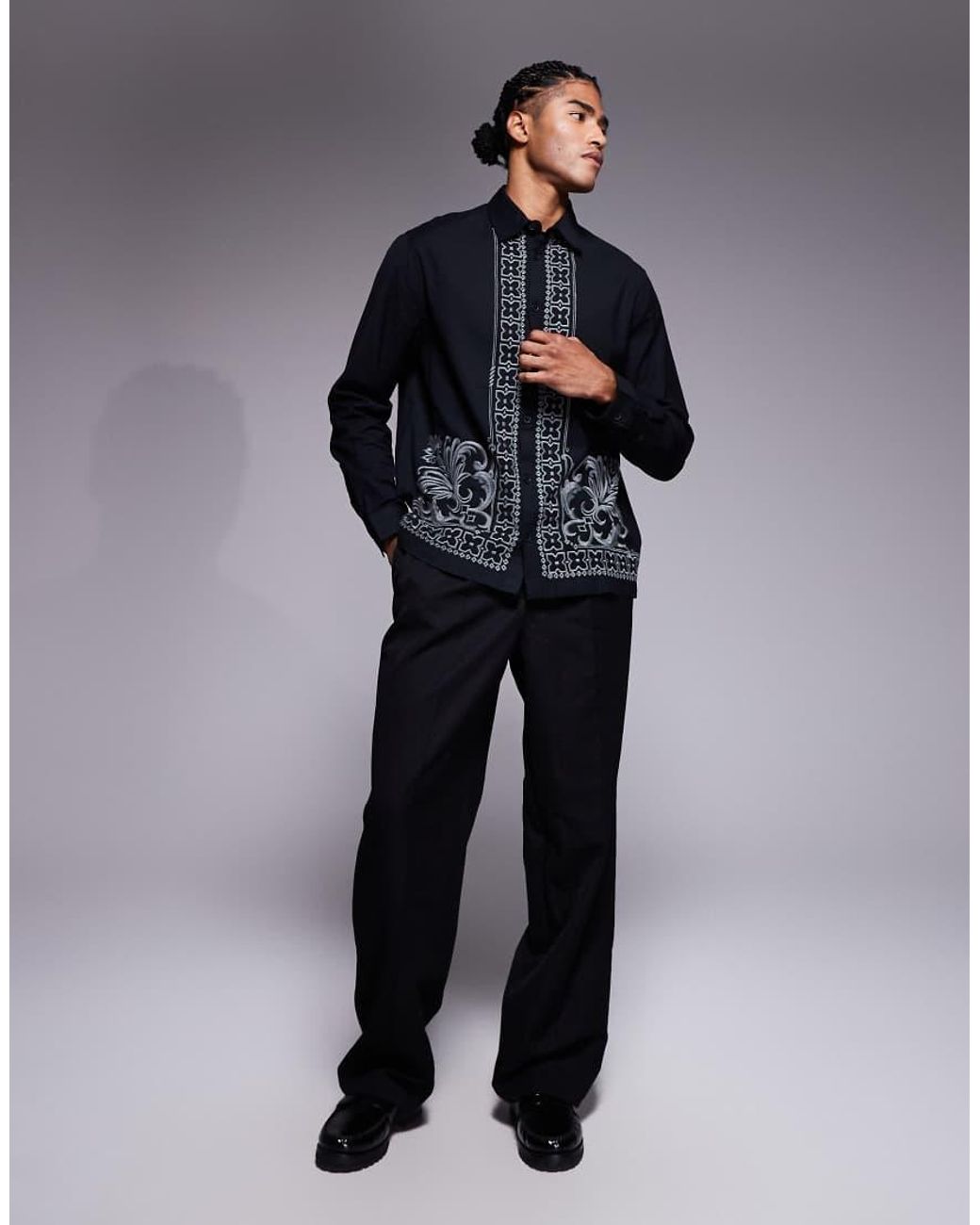 ASOS Blue Relaxed Shirt With Border Embroidery for men