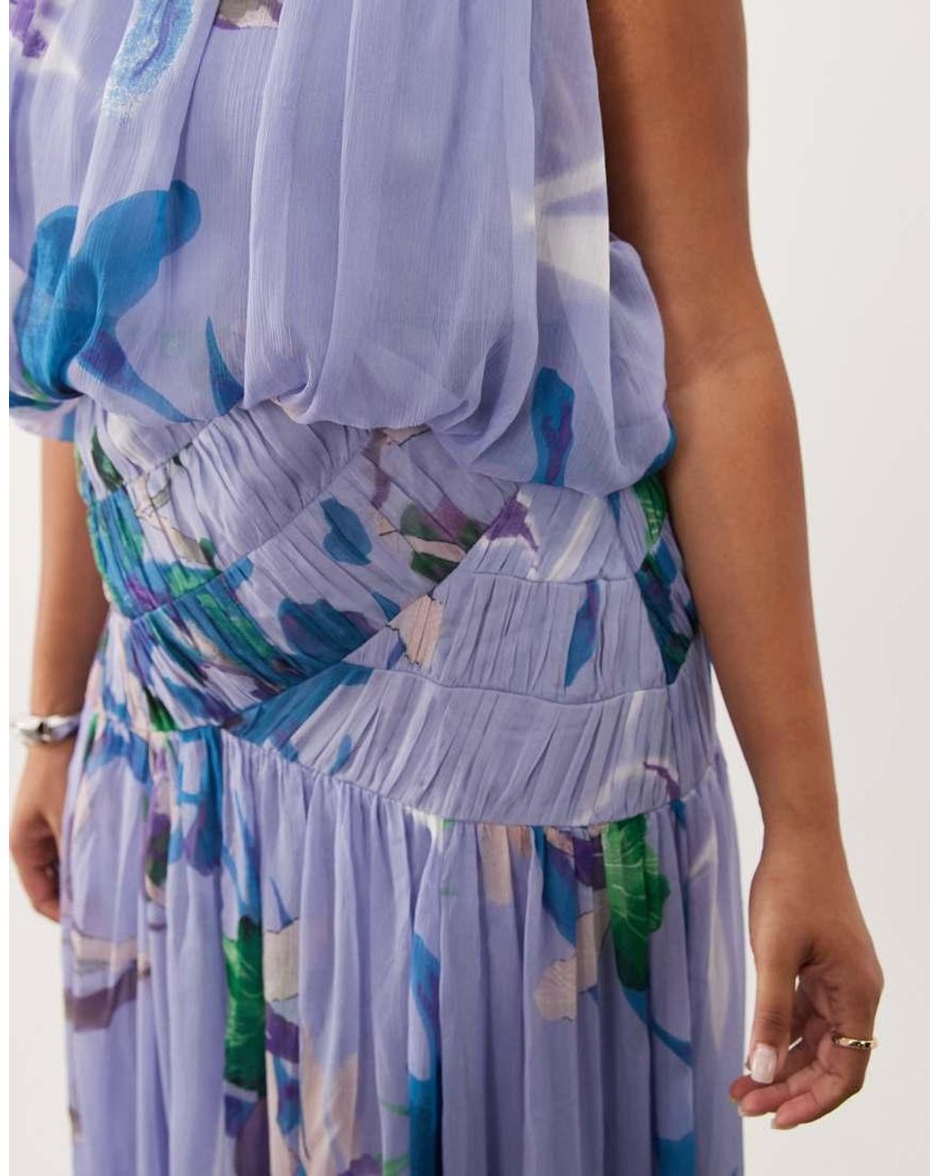 ASOS Blue Asos Design Curve Draped Gauged Ruched Waist Detail Maxi Dress