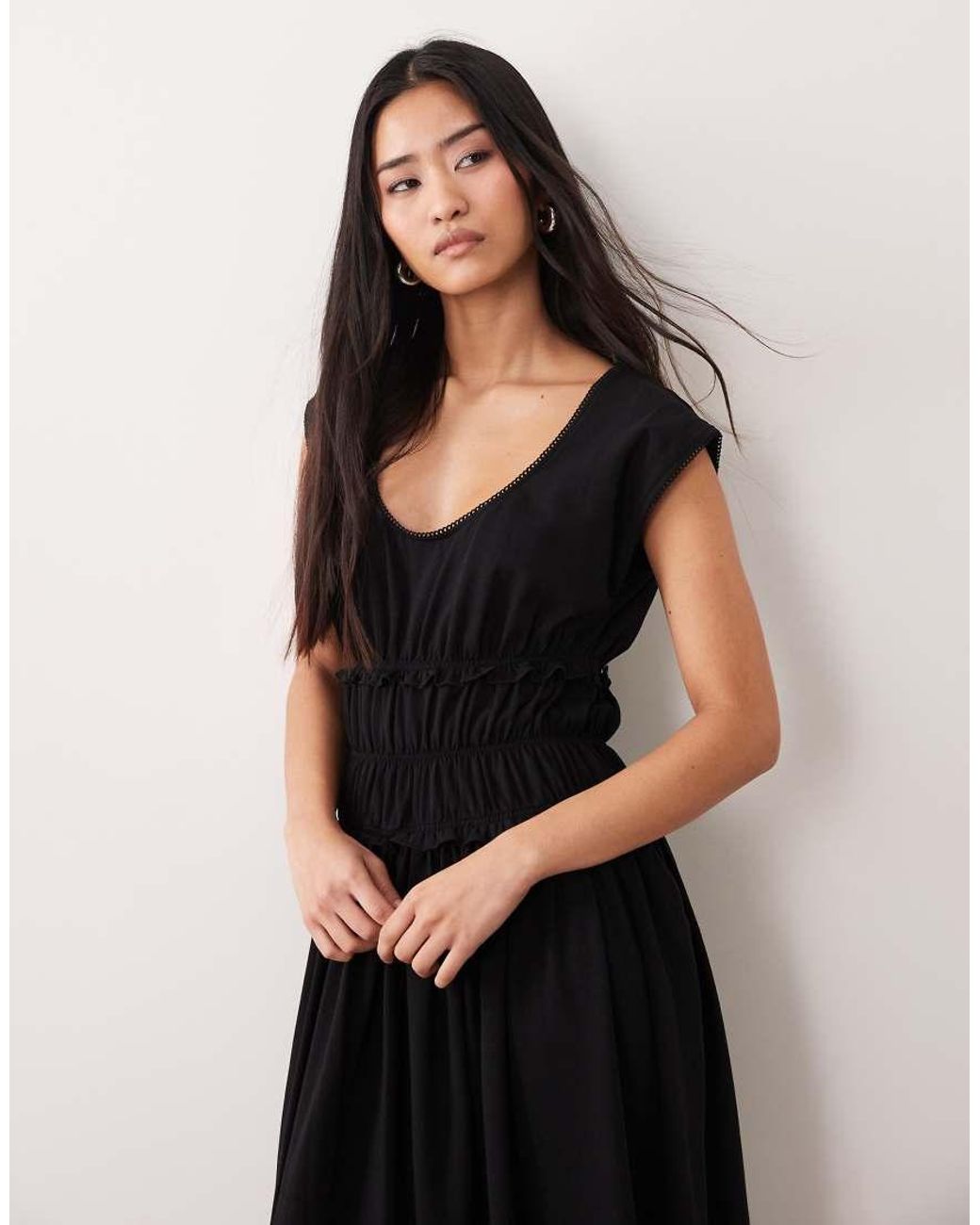 ASOS Black Short Sleeve With Gathered Cinched Waist Maxi Dress