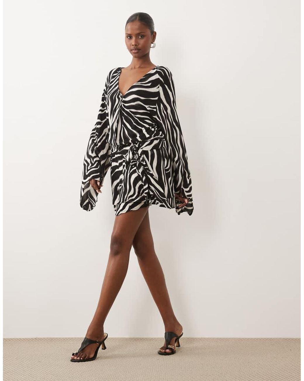 Gina Tricot Brown Long Sleeve V Neck Chiffon Mini Dress