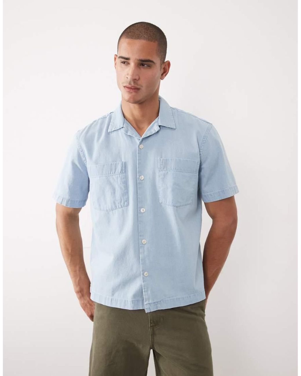 SELECTED Blue Light Denim Short Sleeve Shirt for men