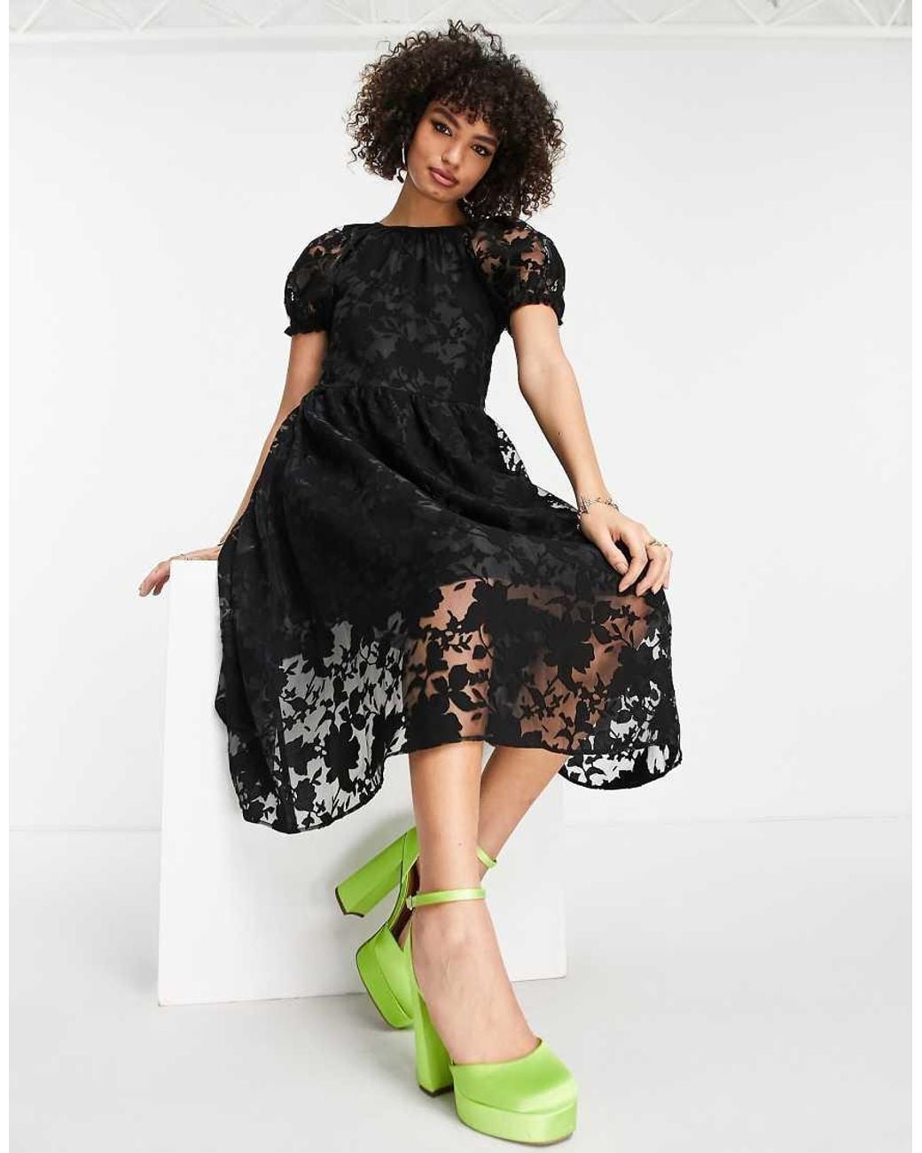 TOPSHOP Black Premium Textured Midi Dress