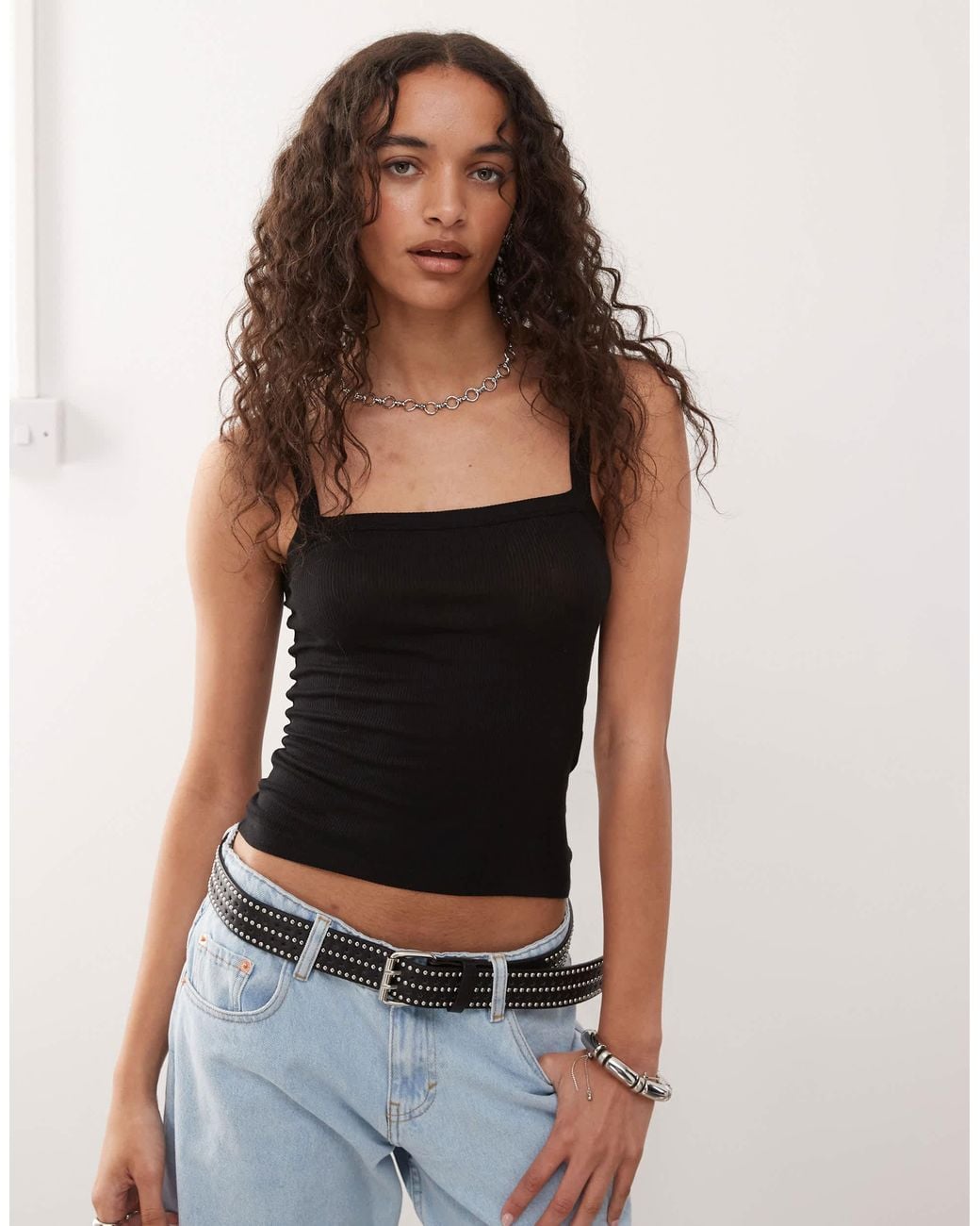 Collusion Black Elevated Skinny Strap Rib Vest