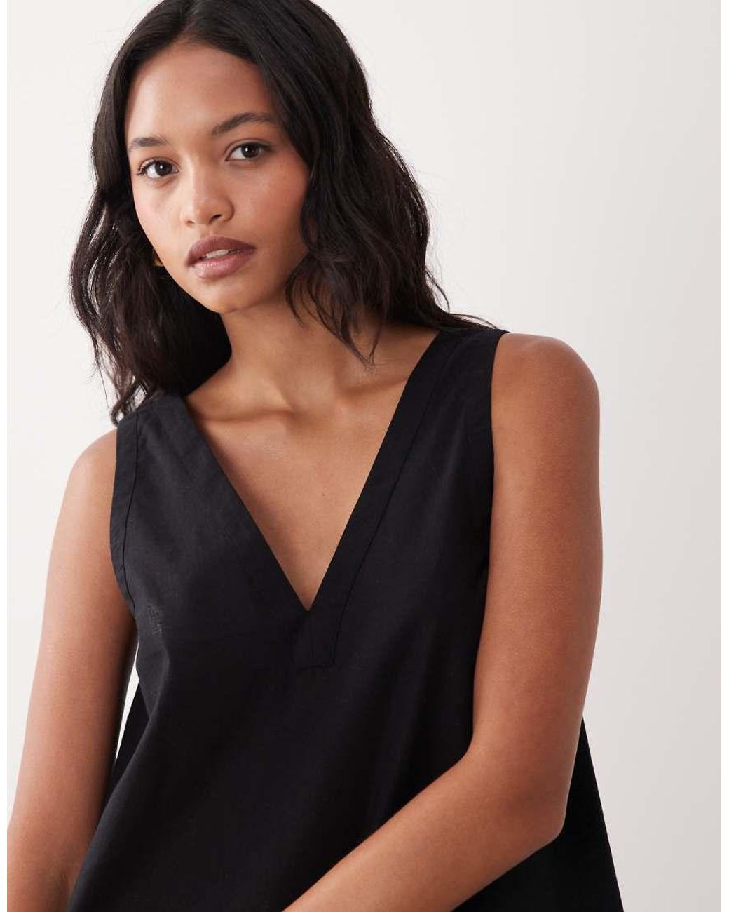 ASOS Black Cotton Linen V Neck Smock Mini Dress