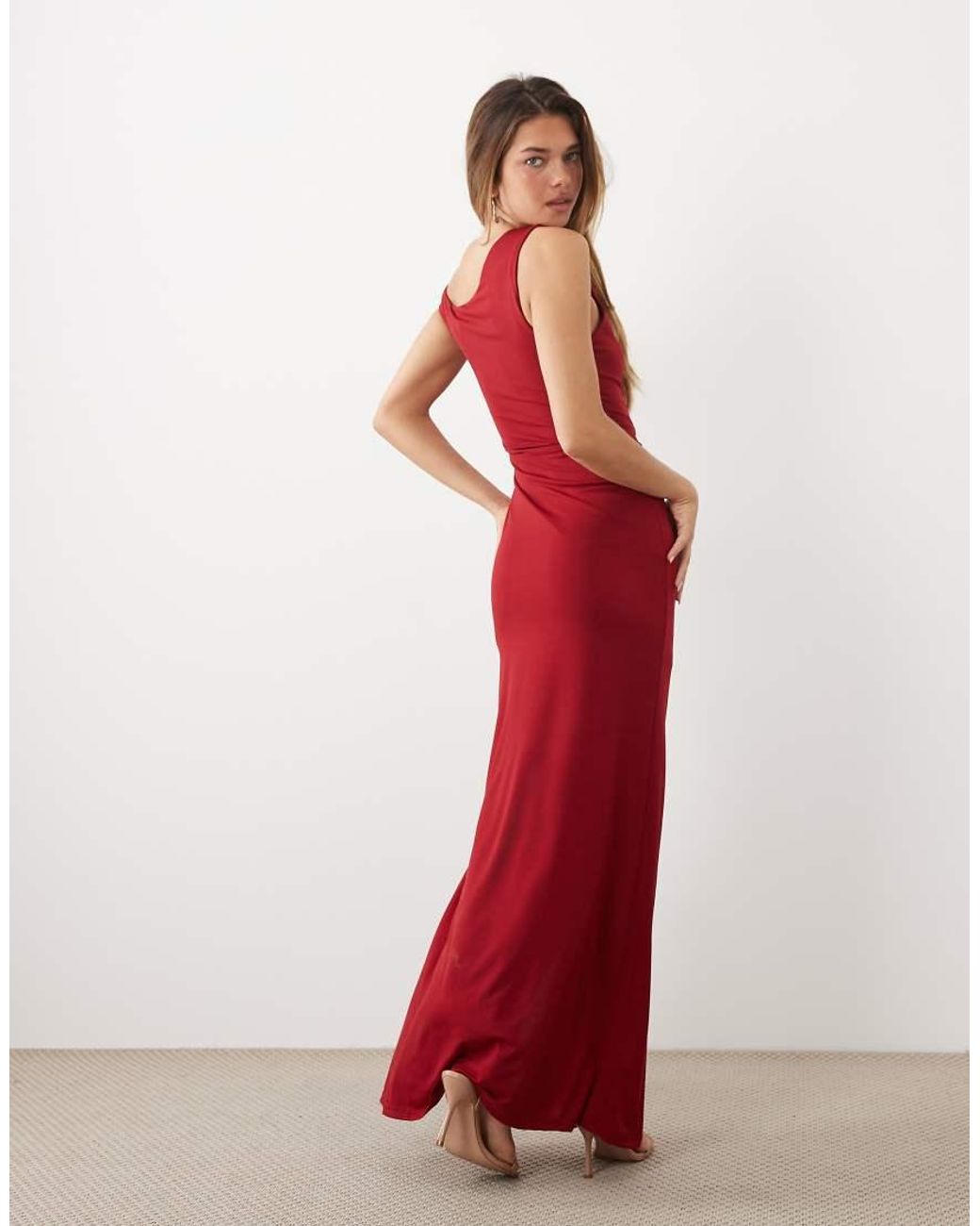 TFNC London Red Slinky Fallen Shoulder Thigh Split Maxi Dress