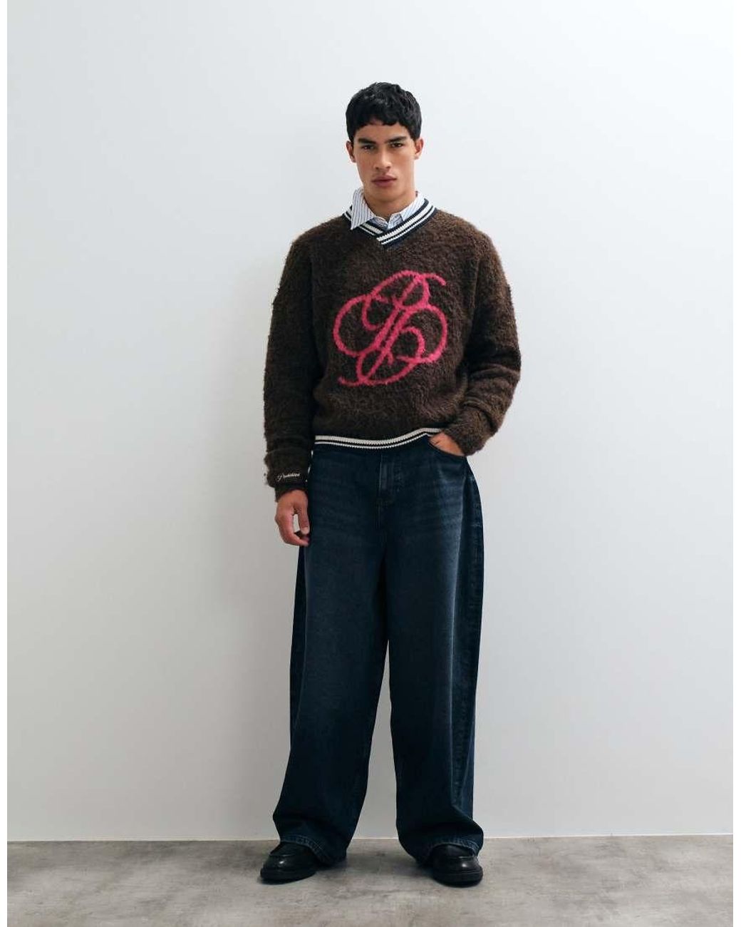 Prohibited Black V-neck Jacquard Fuzzy Knit Jumper for men