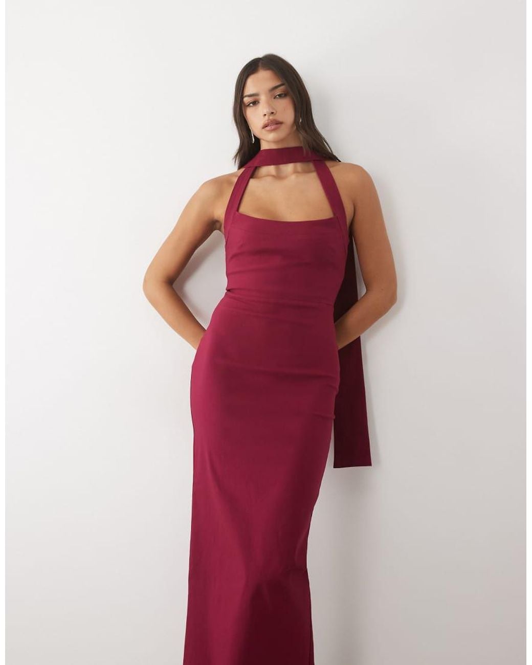 Vesper Red Bengaline Halter Neck Drape Detail Maxi Dress