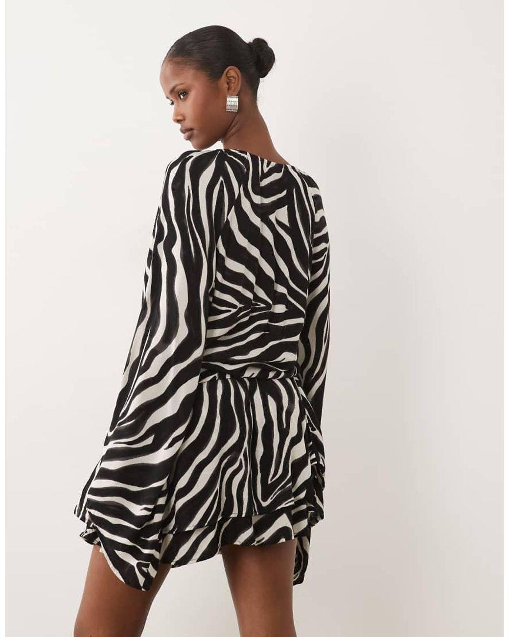 Gina Tricot Brown Long Sleeve V Neck Chiffon Mini Dress