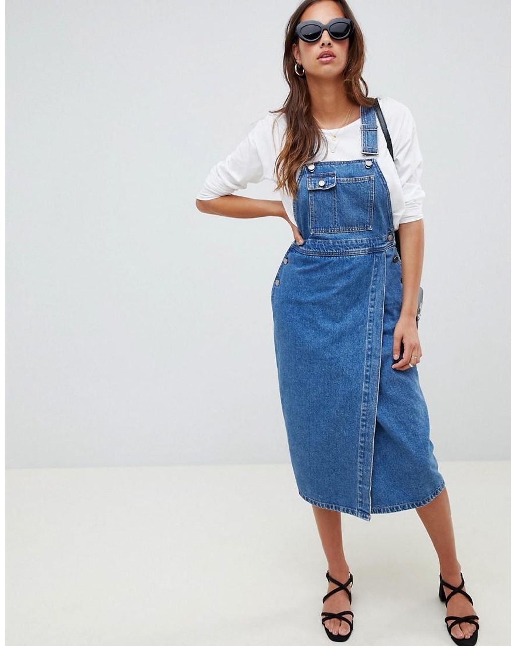 ASOS Denim Midi Overall Dress in Blue Lyst