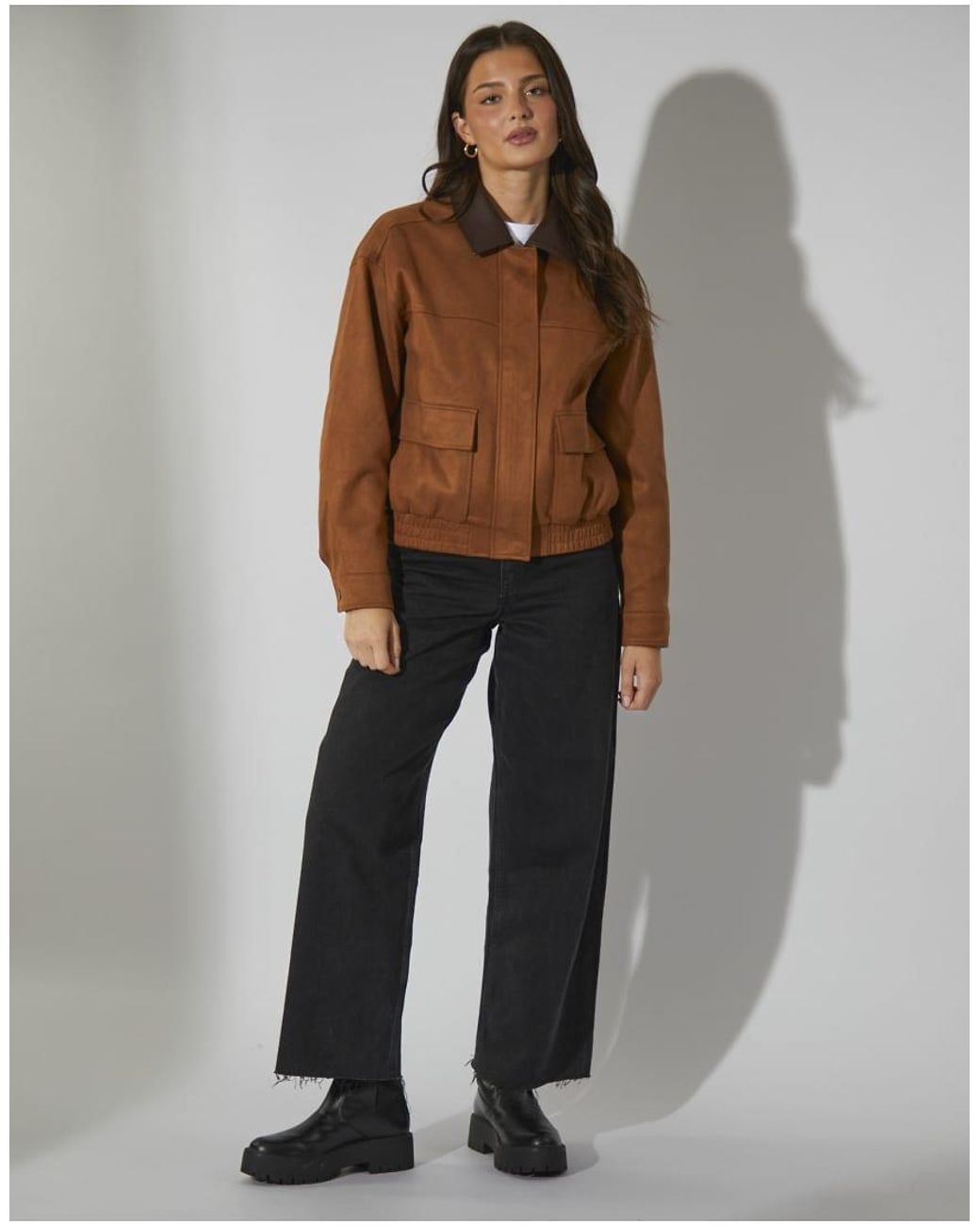 South Beach Brown Faux Suede Bomber Jacket With Pu Trim