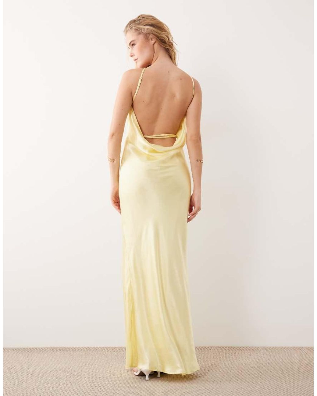 SNDY'S Natural Satin Asymmetric Shoulder Cowl Back Strappy Maxi Dress