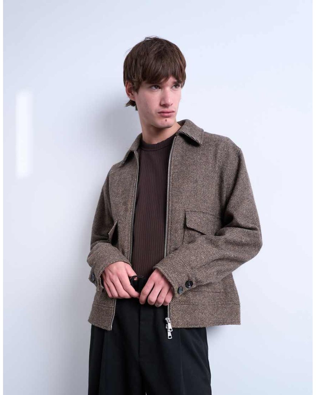 Topman Brown Herringbone Short Jacket for men
