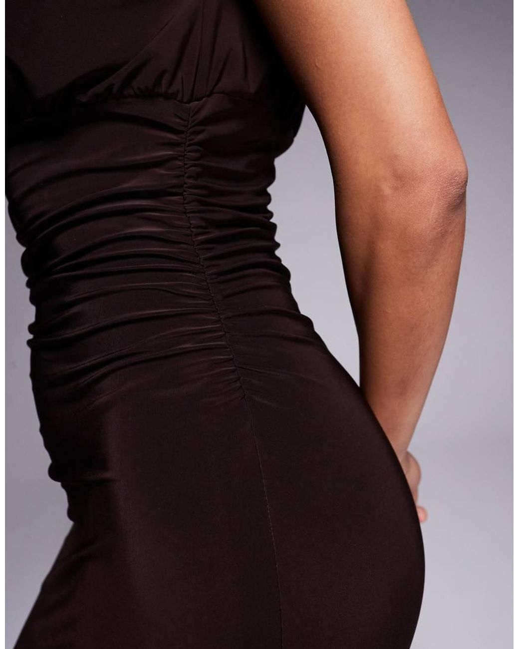 Fashionkilla Blue Exclusive Double Sculpted Slinky Sleeveless Asymmetric Neck Ruched Bodycon Maxi Dress