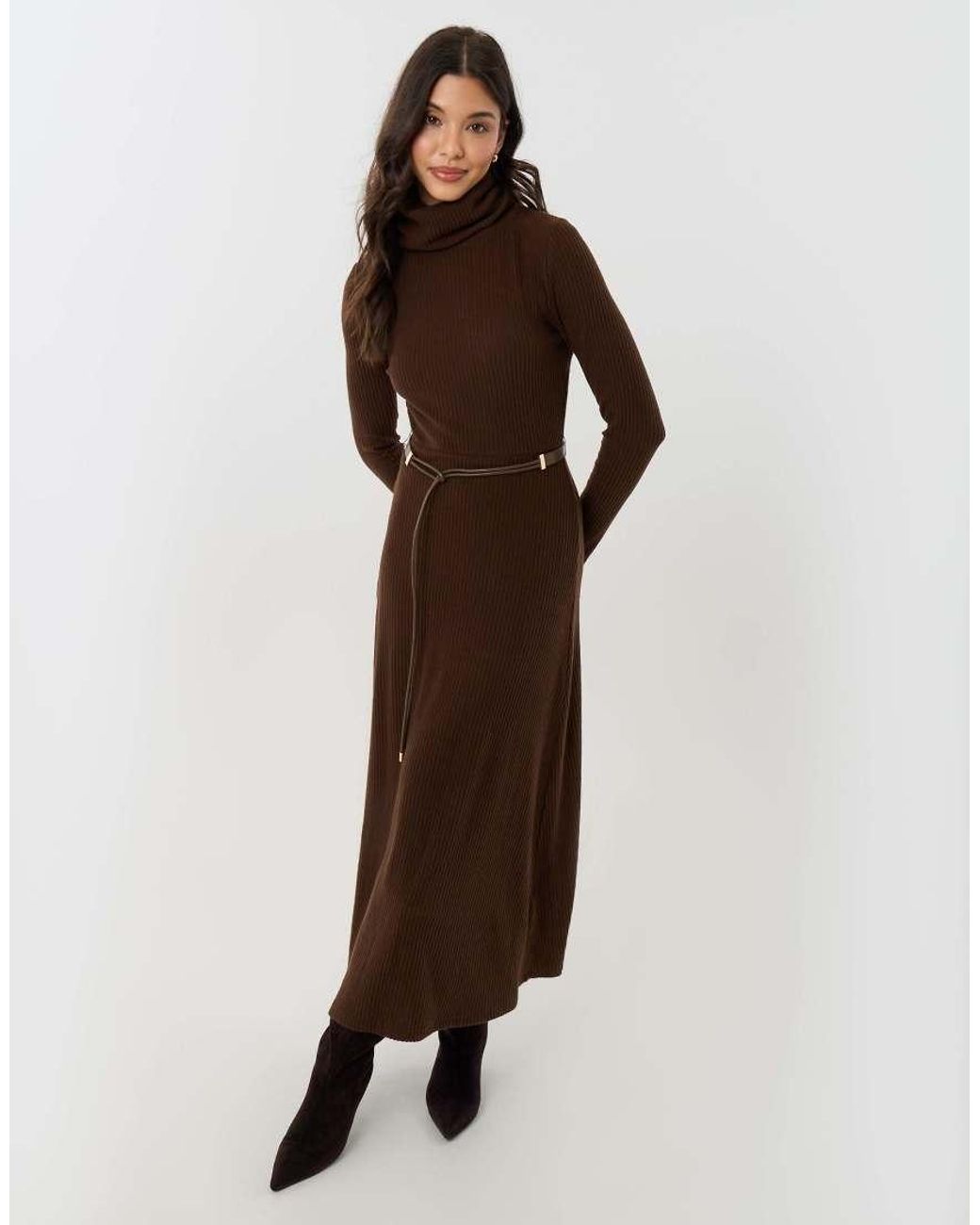 Threadbare Brown Ribbed Roll Neck Maxi Dress With Belt