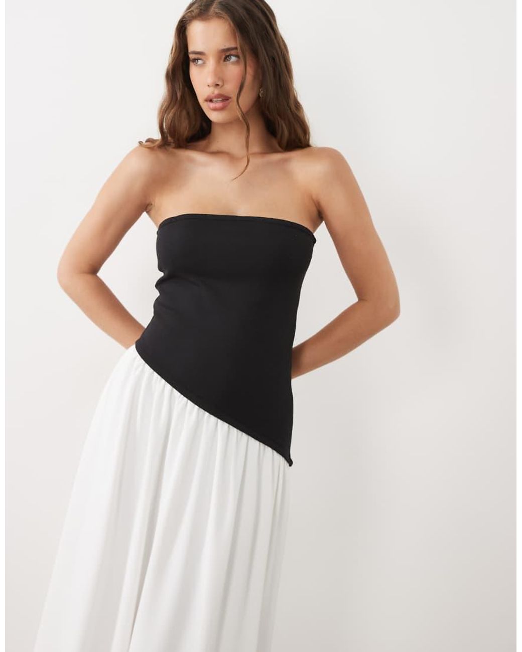 ASOS White Bandeau Midi Dress With Dropped Asymmetric Waist