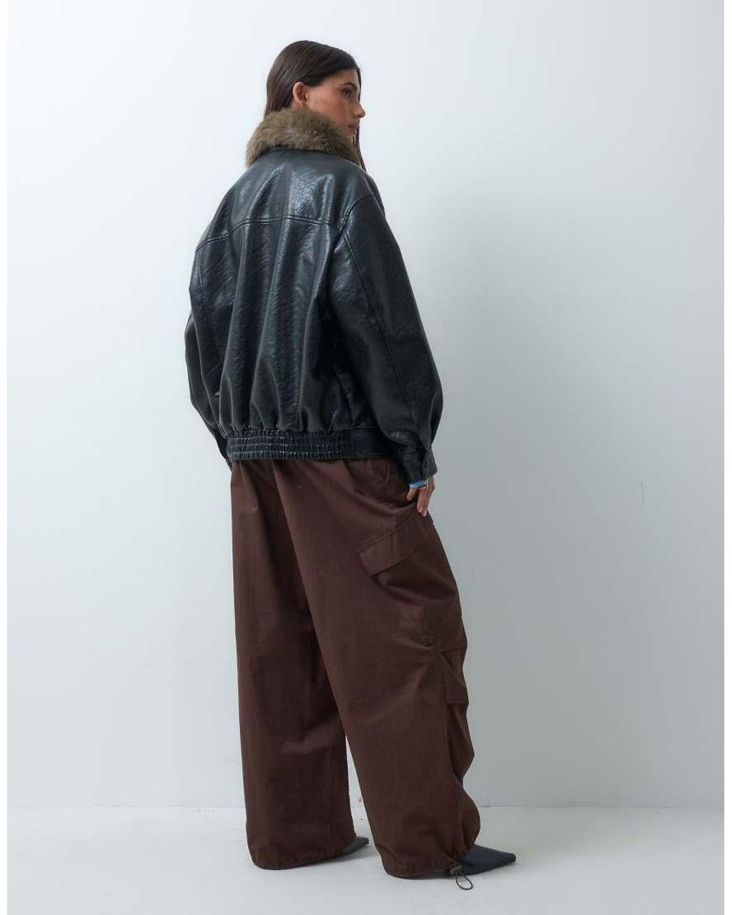 ASOS Blue Leather Look Biker Jacket With Tan Faux Fur Collar